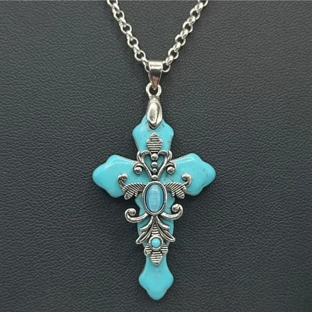 925 Silver Necklace W/ Turquoise Stone BOHO Cross Pendant Vintage Birthday NEW!